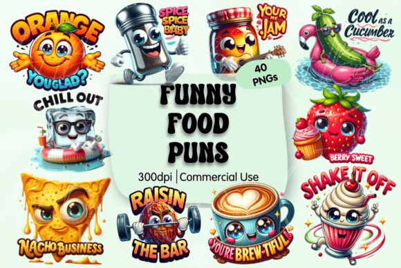 Funny Food Puns Clipart PNG Bundle